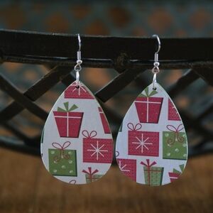 Hand Crafted Red and Green Teardrop Gift-Print Earrings